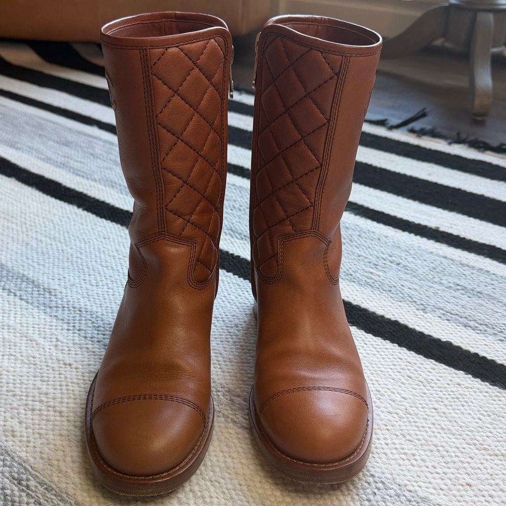 Chanel CC Quilted Leather Mid Calf Caramel Brown Boots 37.5 - Picture 4 of 9